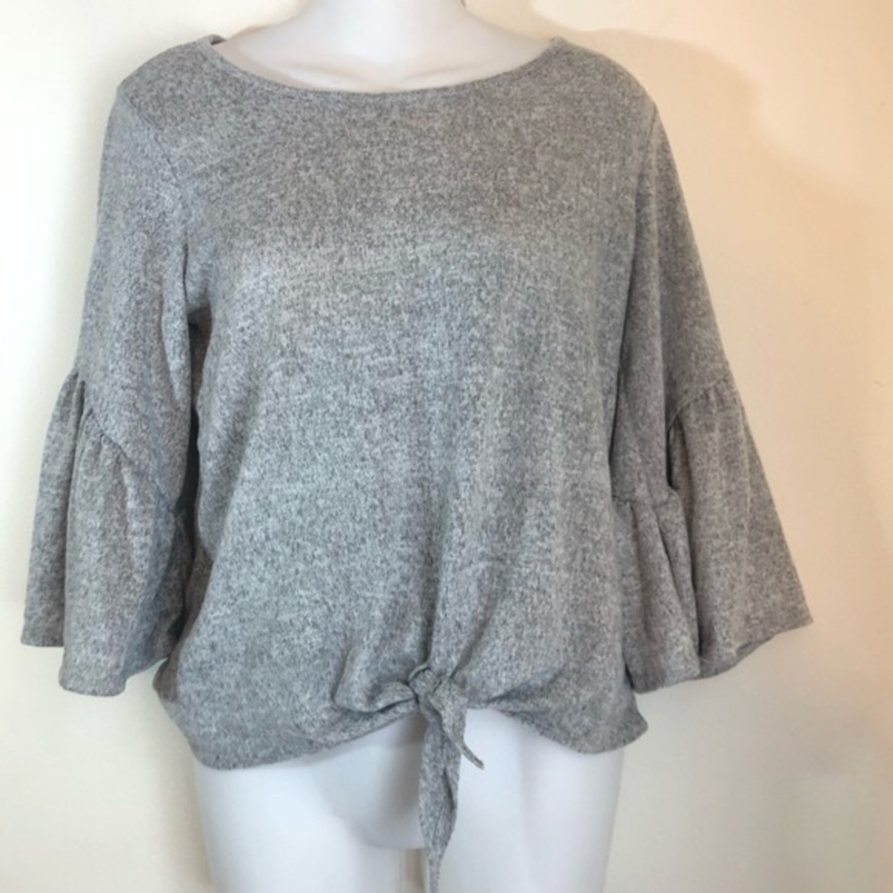 Caution To The Wind grey knit bell sleeve top.